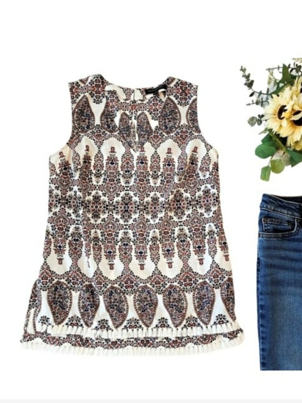 Banana Republic Women's Sleeveless Blouse Top Size Small Paisley Fringe Hem Boho
